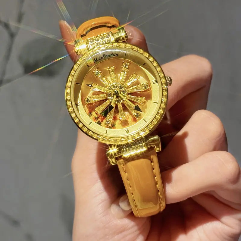 Women's Quartz Watch with Rotating Galaxy Dial & Sunflower Design