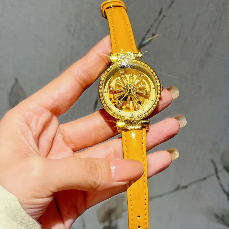 Women's Quartz Watch with Rotating Galaxy Dial & Sunflower Design