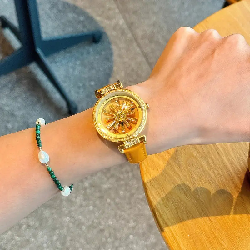 Women's Quartz Watch with Rotating Galaxy Dial & Sunflower Design