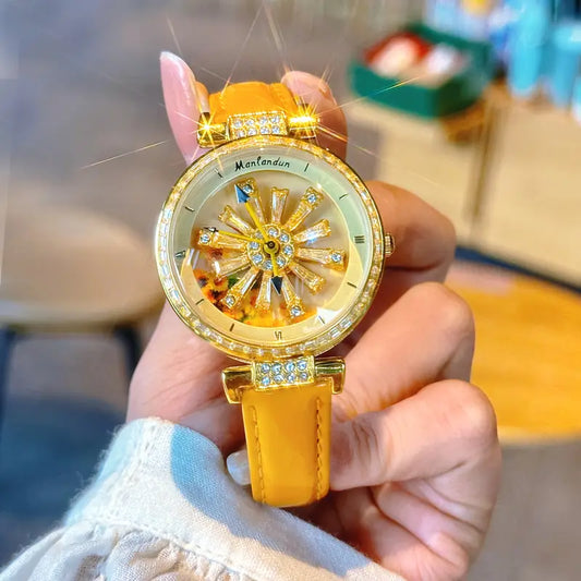 Women's Quartz Watch with Rotating Galaxy Dial & Sunflower Design