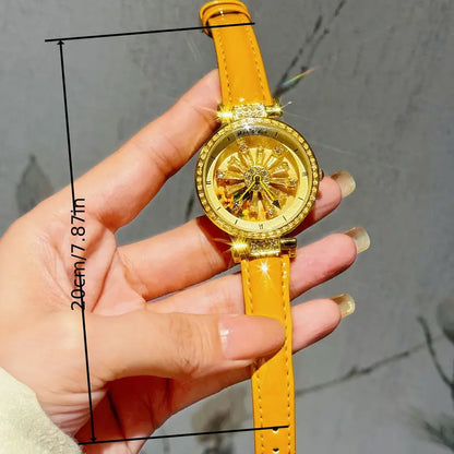 Women's Quartz Watch with Rotating Galaxy Dial & Sunflower Design