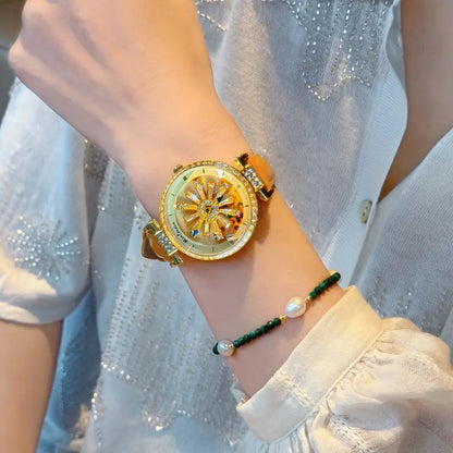 Women's Quartz Watch with Rotating Galaxy Dial & Sunflower Design