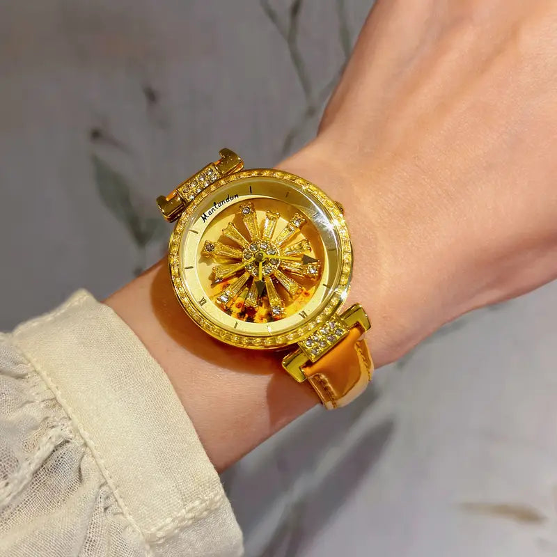 Women's Quartz Watch with Rotating Galaxy Dial & Sunflower Design